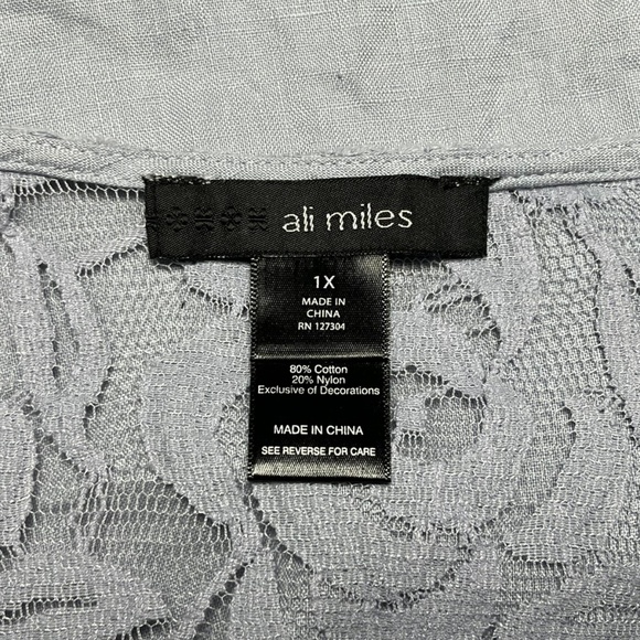 Ali Miles Plus Size 1X Artsy Lagenlook Tunic Top 100% Linen Periwinkle Blue Lace - Picture 5 of 8